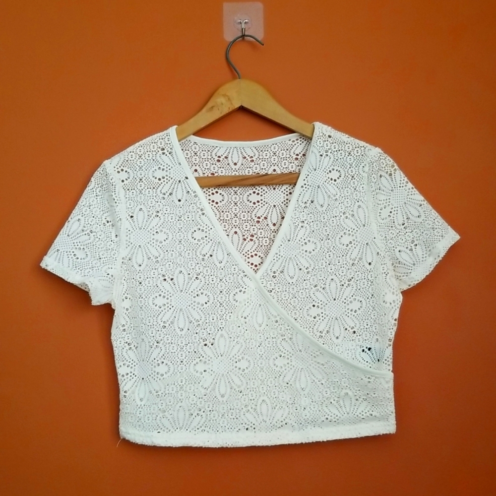 Crochet Knit Cream White Crop Shirt